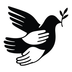 Obraz premium Black dove silhouette with white hands embracing and olive branch bird peace