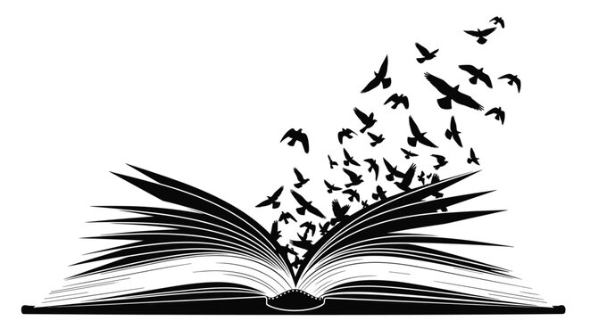 Open book illustration with birds flying out of the pages representing the power of imagination knowledge and education.