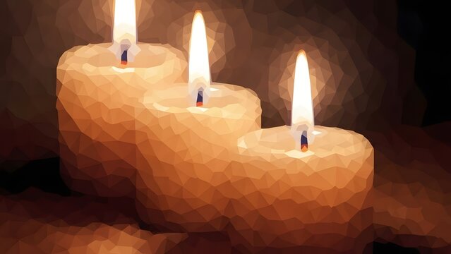 Three lit candles on a textured surface in a dimly lit environment