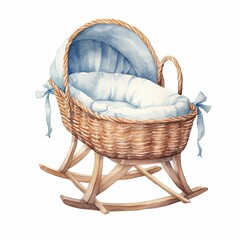 Watercolor wicker baby crib with bedding and flowers, rocking cradle.