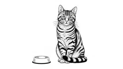 Curious cat beside empty bowl