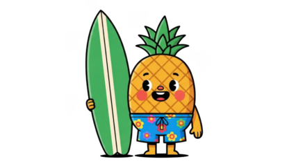 Pineapple character holding surfboard