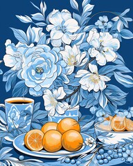 Still life with a blue teapot, blue flowers and lemons in line art style, Chainoizerie.