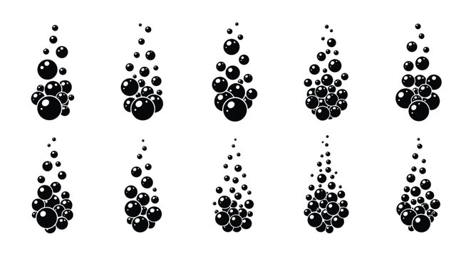 Collection of rising air bubbles icons in black and white silhouette for water carbonation or underwater themes.
