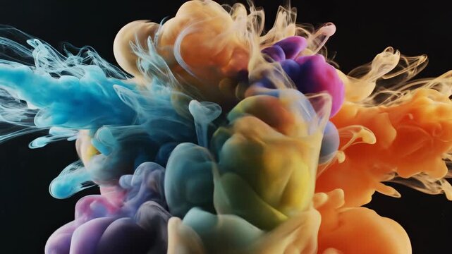 Chromatic Explosion: An abstract composition of vibrant, multicolored ink plumes against a deep black backdrop, a visual symphony of form and color, embodying a creative essence.