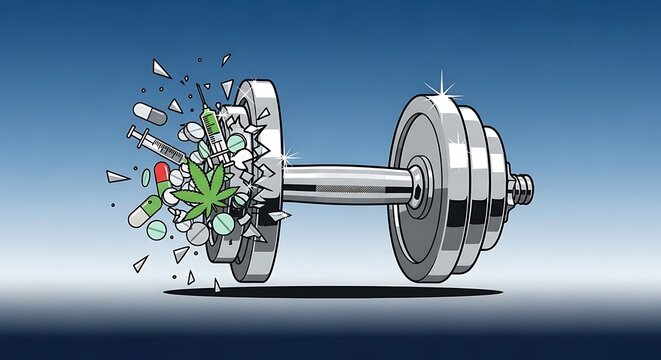 Dumbbell exploding into pills and marijuana leaves symbolizing drug abuse in fitness.