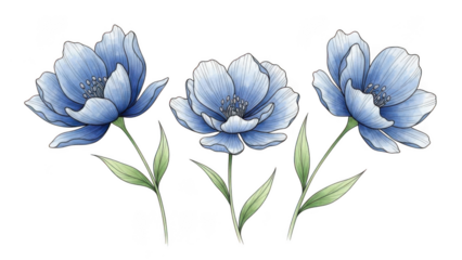 Three blue flowers illustration