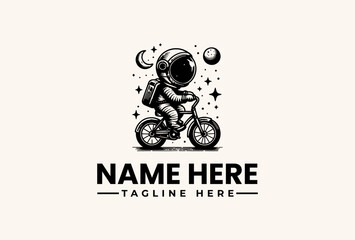 Obraz premium A black and white illustration of an astronaut riding a motorcycle with a helmet and backpack, surrounded by stars, planets, and a crescent moon on a clean white background with a generic