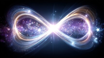 Luminous infinity symbol representing quantum entanglement with cosmic nebula and light threads