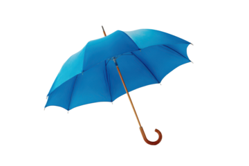 Blue umbrella stands upright on a neutral background with a simple design showing the structure and colors clearly
