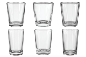 Different shapes of clear glass drinking vessels arranged in two rows on a white background for display purposes