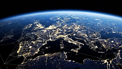 Global connectivity from space at night, showcasing illuminated cities and network lines across continents, symbolizing interconnectedness and digital reach