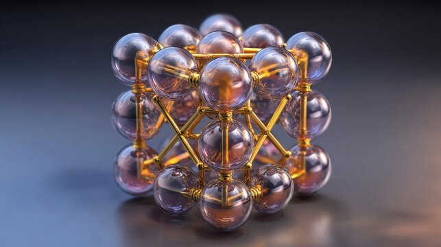 Intricate 3D molecular model constructed from transparent spheres and golden rods, representing complex atomic structures. - Powered by Adobe