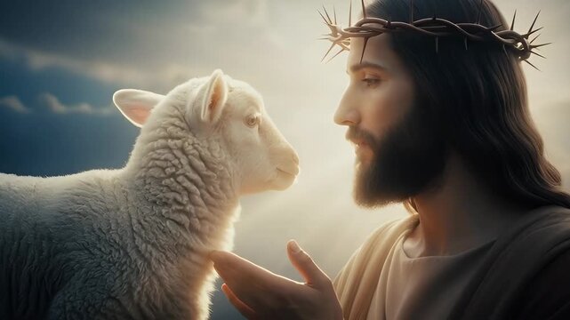 Jesus Christ with a lamb. A symbol of the Lamb of God.