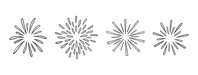 Firework doodles and festive hand drawn firecrackers set. Line art, sketch style celebration icons with stars, sparkles, explosive bursts. For party designs, celebrations, and holiday events. Vector
