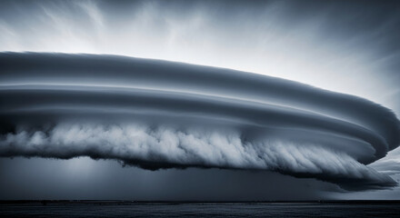 Dramatic grayscale image of a large, swirling storm cloud formation over flat land, showcasing the raw power and scale of nature's weather phenomena