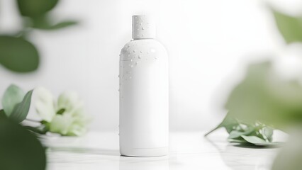 White cosmetic bottle with dew drops surrounded by green leaves and soft lighting
