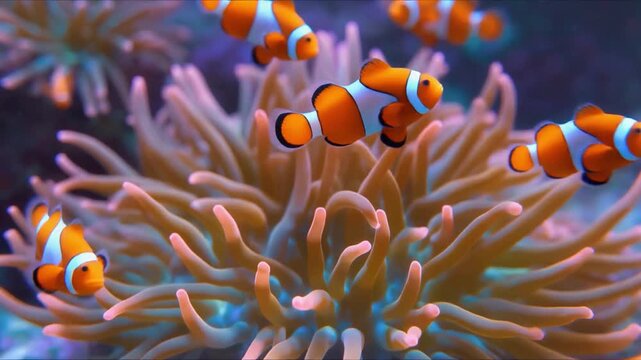 Cute clownfish moving through sea anemone tentacles with vibrant colors and soft animation-style underwater motion, 4K loop.