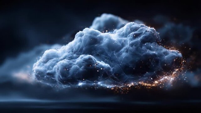 A dynamic visual representation of a cloud formed by interconnected nodes and glowing particles, showcasing the beauty of digital art and abstract design in a cosmic atmosphere.