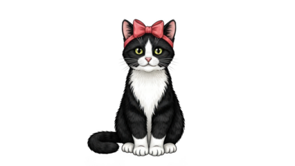 Black and white cat with pink bow