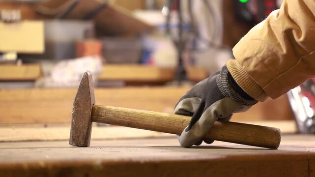 Close up of a gloved hand placing a hammer on a workbench in a workshop, symbolizing manual labor and precision.