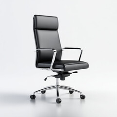 Fototapeta premium Sleek black leather office chair with chrome frame and casters, modern ergonomic high back design for comfortable work