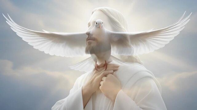 Jesus Christ with a dove, symbolizing the descent of the Holy Spirit, the Baptism of Christ, in a conceptual video. A biblical story.
