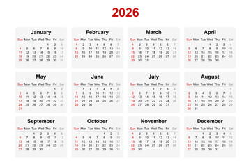 Vector illustration of English calendar for year 2026. Sunday as first day of week