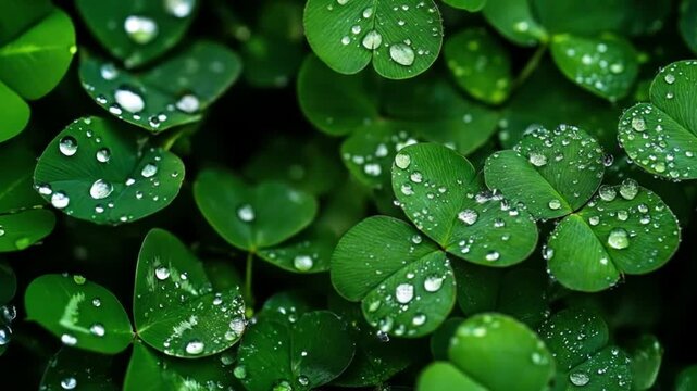 Close up of lush green clovers with water droplets natural outdoor setting