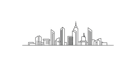 Obraz premium Continuous line drawing of a modern city skyline showing various skyscrapers and buildings for urban architecture design.