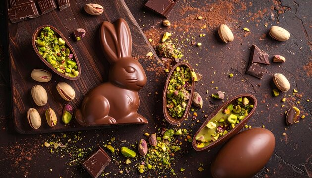 Easter chocolate bunnies with pistachio filling, pistachios, crumbs, chocolate pieces, dark brown background.