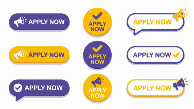 Apply Now, Bold Call-to-Action Graphic Design,apply now buttons, CTA buttons, call to action, promotional buttons, modern design, playful buttons, purple yellow white, stylized buttons, speech bubble,
