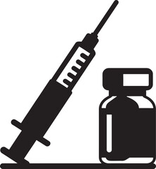 Black silhouette icon of a syringe and medical vial