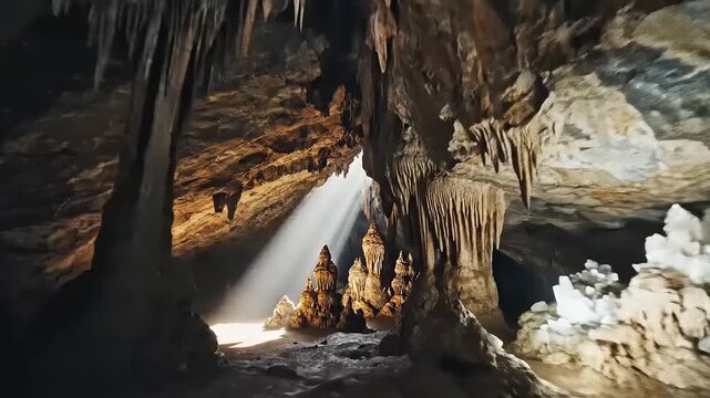 Sunbeam piercing dark limestone cavern with stalactites and flowstone formations
