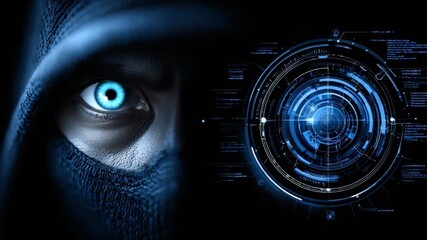 A mysterious figure with a glowing blue eye, surrounded by a futuristic digital interface. The composition evokes themes of advanced technology and enigmatic presence. - Powered by Adobe