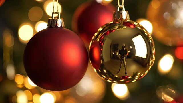 Festive Ornaments: Two vibrant ornaments, one a rich red and the other a shimmering gold, dangle against a backdrop of twinkling lights, symbolizing the magic and warmth of the season.