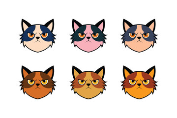 Fototapeta premium Multicolor grumpy kitten emblem pack with cute angry faces for kids brand logo design Vector illustration