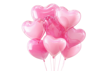 Bunches of heart-shaped balloons in different shades of pink on a neutral background for a festive occasion