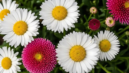 Vibrant display of white daisies and fuchsia pomponette flowers blooming brightly in a garden