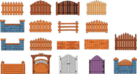 Wooden Fence and Garden Gate Illustration Set Featuring Rustic, Brick, Stone, and Decorative Barrier Designs for Outdoor Landscaping Projects