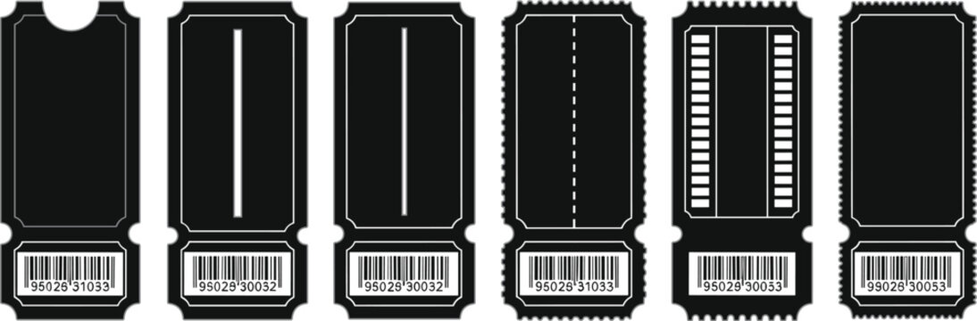 Black cinema ticket templates set with barcode and perforated edges, blank admission stubs for events, movies, concerts, coupons, and promotional voucher designs
