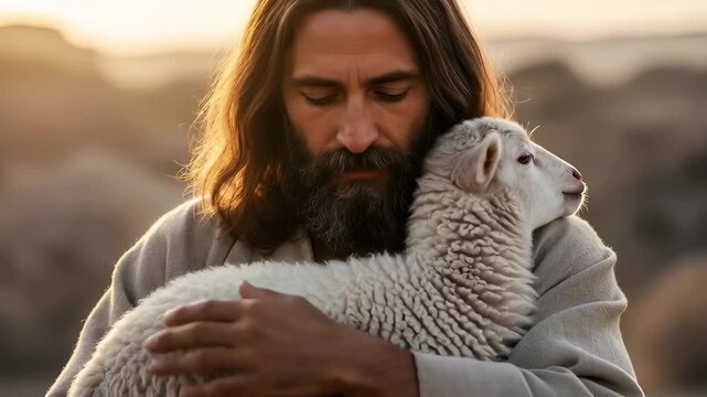 A man embracing a baby lamb, conveying tenderness and divine care, evoking biblical shepherd imagery and religious devotion