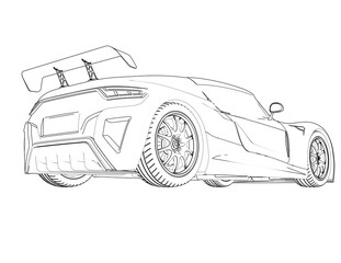 High-Performance Electric Coupe Wireframe Illustration: Sleek Side Profile of a Generic EV Concept Car Technical Draft Drawing - Outline Sketch for Clean Energy and Future Transportation Technology.