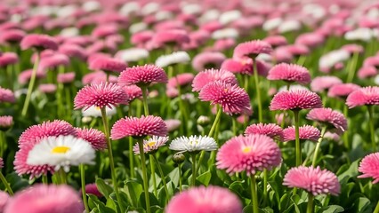 A vibrant carpet of delicate pink and white english daisies blooming beautifully in a sunny meadow