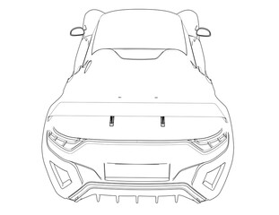High-Performance Electric Coupe Wireframe Illustration: Sleek Side Profile of a Generic EV Concept Car Technical Draft Drawing - Outline Sketch for Clean Energy and Future Transportation Technology.