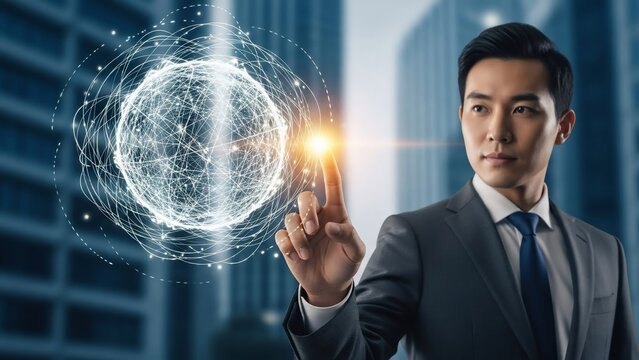 Businessman interacting with global network interface. - Powered by Adobe