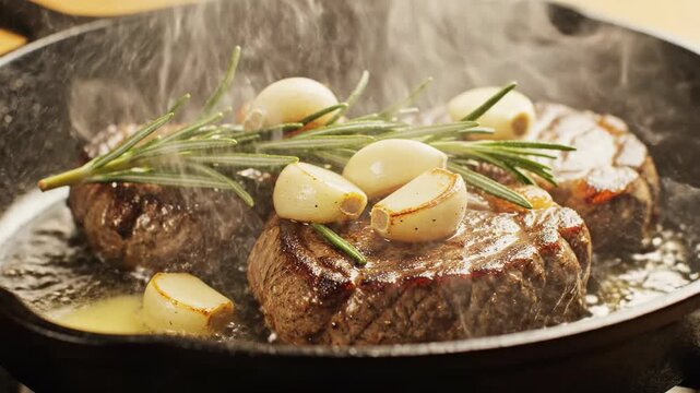 Sizzling Steak Culinary Delight: A close-up showcases perfectly seared steaks, adorned with fragrant garlic and rosemary, sizzling enticingly in a hot pan, an invitation to a delicious experience.