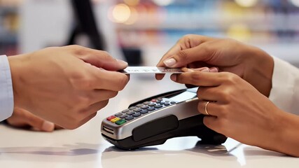 Close-up of hands processing a credit card payment at a point-of-sale terminal showcasing secure online transactions and modern retail experiences