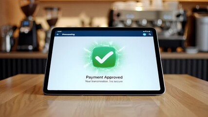 Secure mobile payment processing on a smartphone screen displayed at a point-of-sale terminal in a modern coffee shop setting showcasing digital transactions and fintech solutions - Powered by Adobe