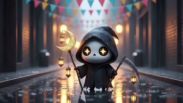 A cute cartoon grim reaper standing in a dimly lit alleyway with lanterns and bunting